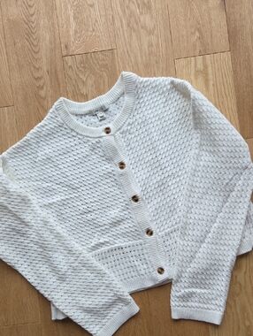 RW&Co. White Crochet Knit Cotton Button-Front Sweater Cardigan